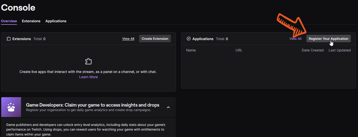 Twitch Dev Console Page